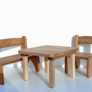Puppenmöbel-Set „Herz“ – Tisch, Bank & Stuhl aus Buchenholz (Aktion)